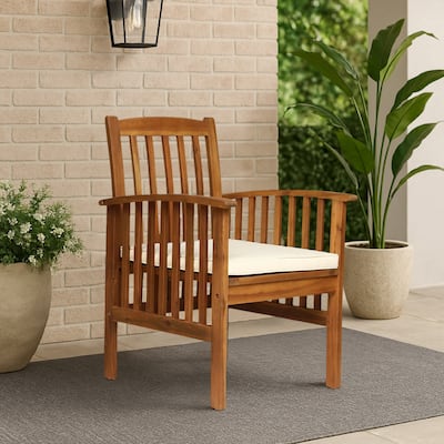 Gerry Dining Chair, Traditional Slat Design Brown Acacia Wood, Beige Fabric