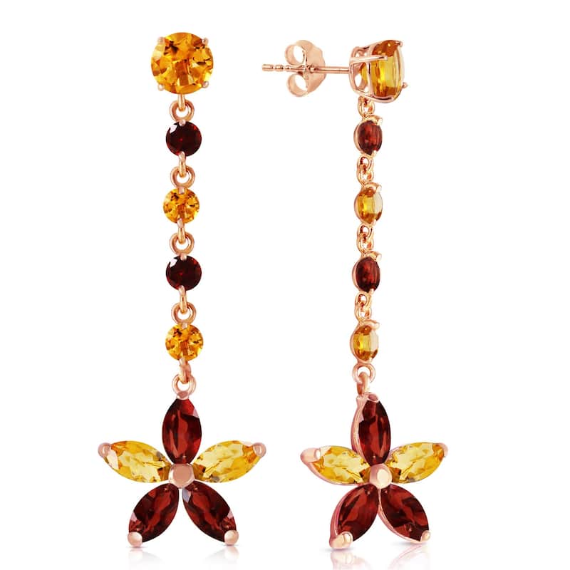 14K Solid Gold Chandelier Flower Citrine & Garnet Gemstone Earrings - Rose