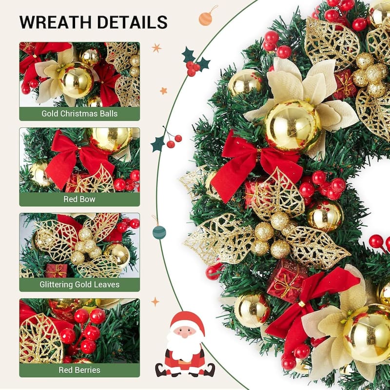 18 inch Pre-Lighted Red Bow Christmas Wreath for Front Door, Windows, Wall - N/A