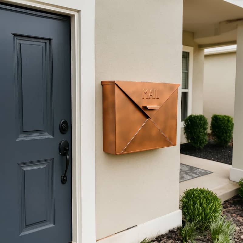 Spacious Envelope Shaped Wall Mount Iron Mail Box, Copper Finish