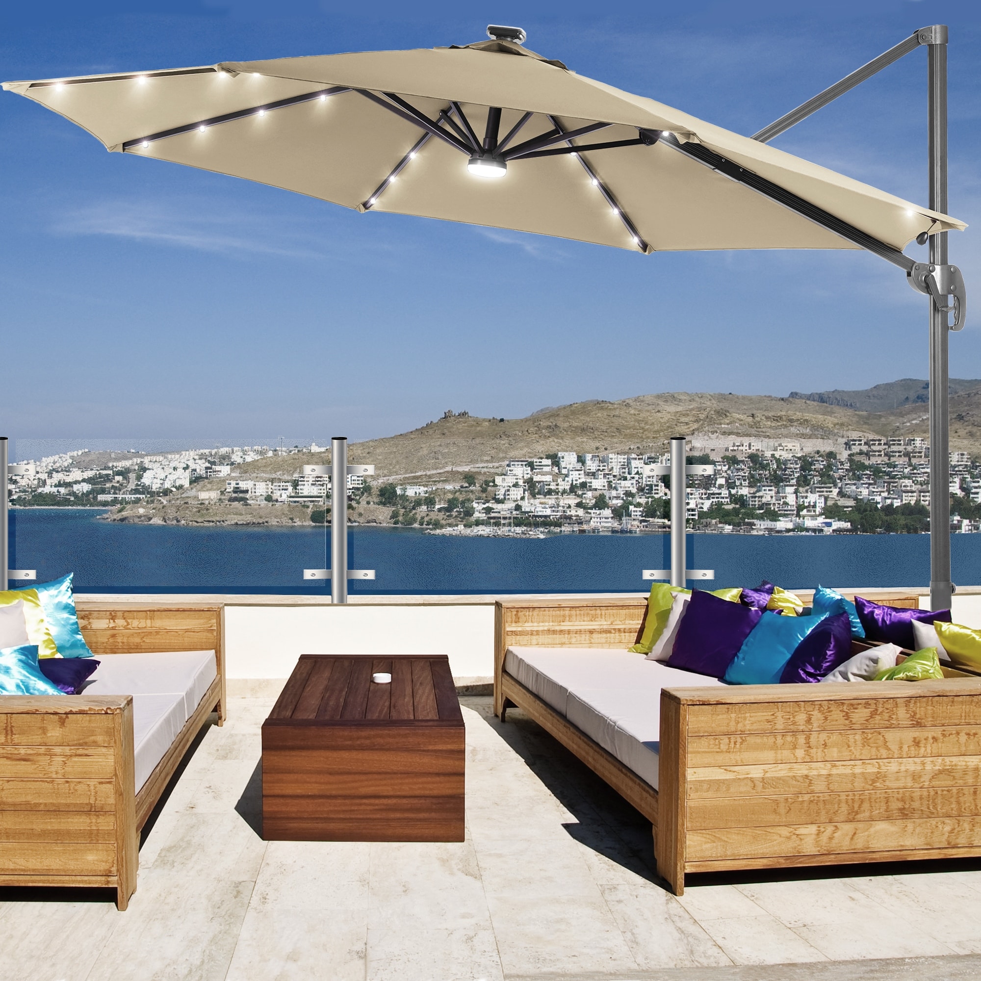 10 Ft LED Offset Cantilever Hanging Patio Umbrella by LIVOOSUN