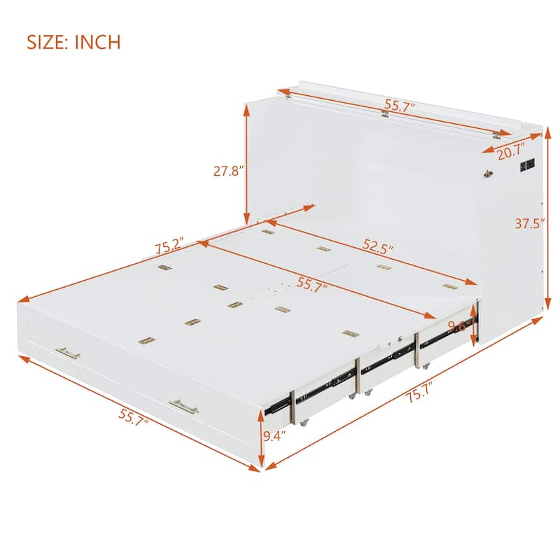 Full Size Murphy Bed Wall Bed with drawer and a set of Sockets and USB Ports