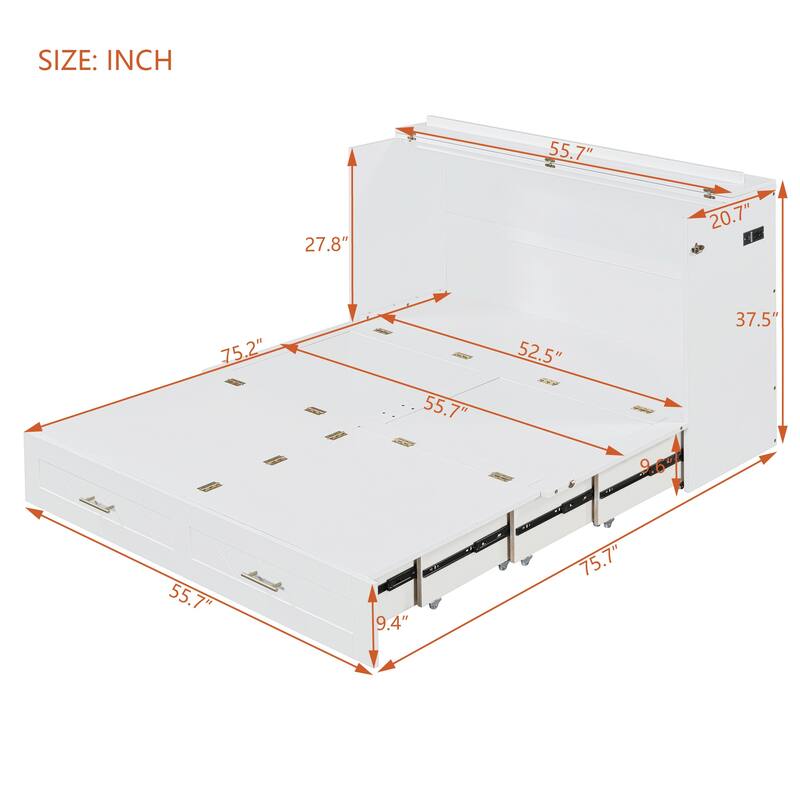 Murphy Bed with Pulley Design, Drawer, USB Ports