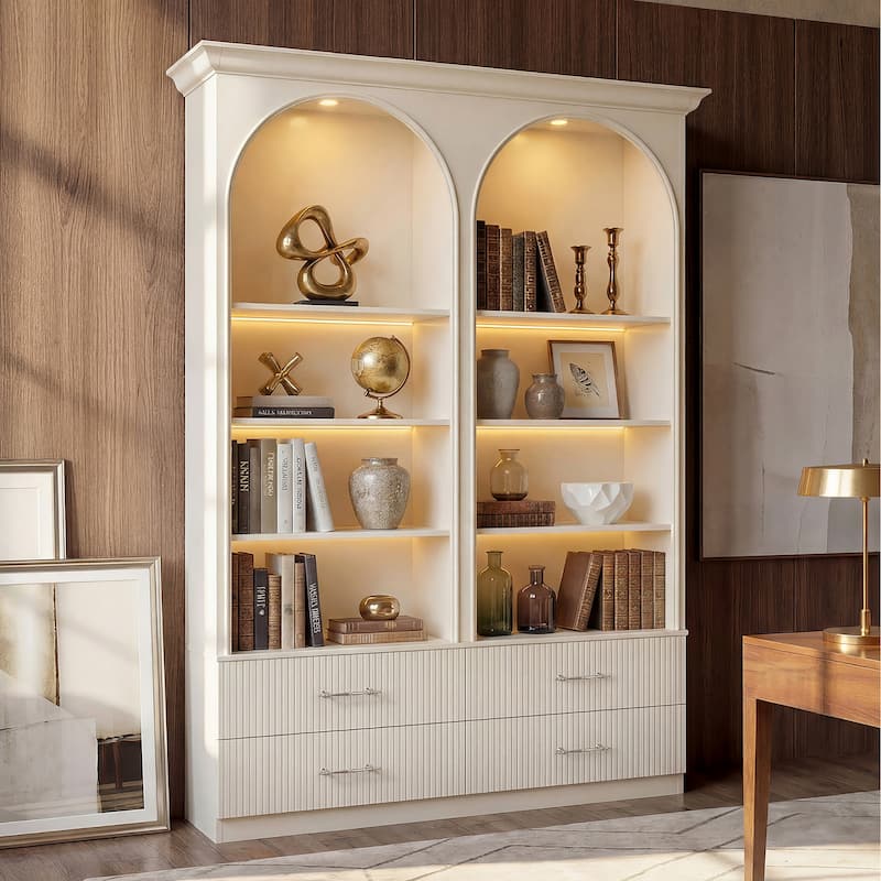 Modular Bookcase with LED Lights, Glass Door Storage Cabinet with Drawers, Large Display Shelving Unit Sideboard - 68“W(Only)