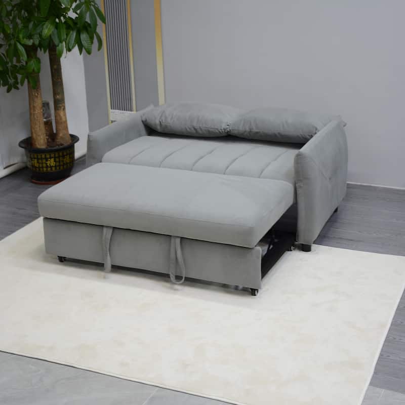 Convertible Sleeper Loveseat Sofa Bed, Adjustable Back, Velvet Fabric, Light Gray