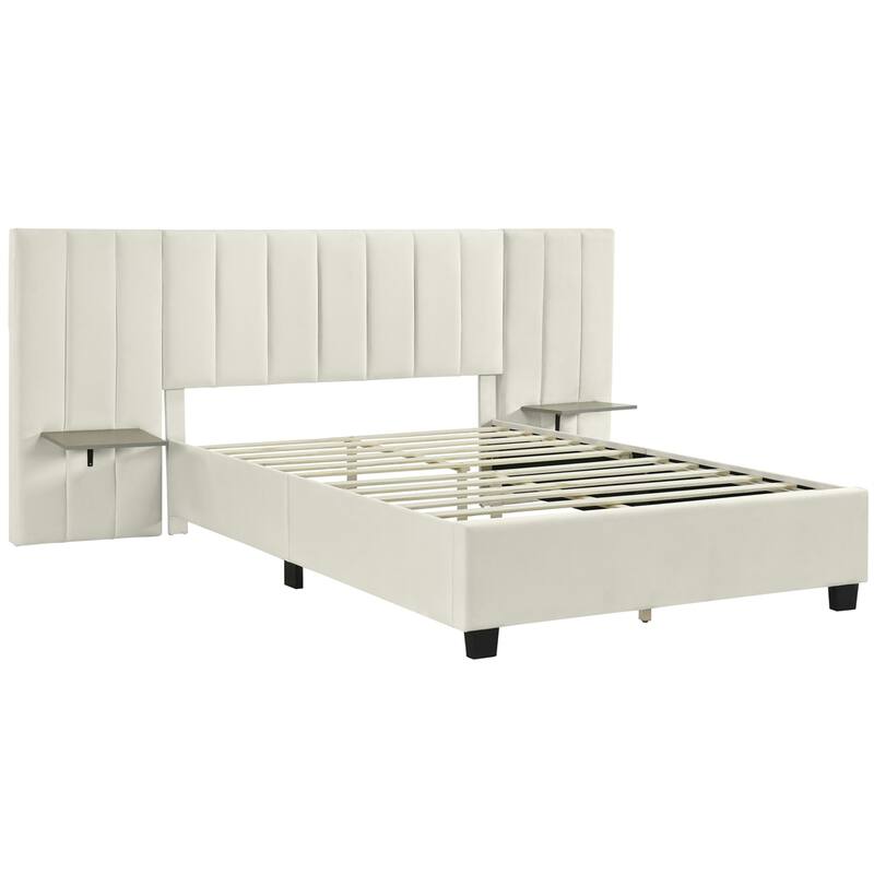 Queen Size Upholstered Platform Bed with Big Headboard, Velvet