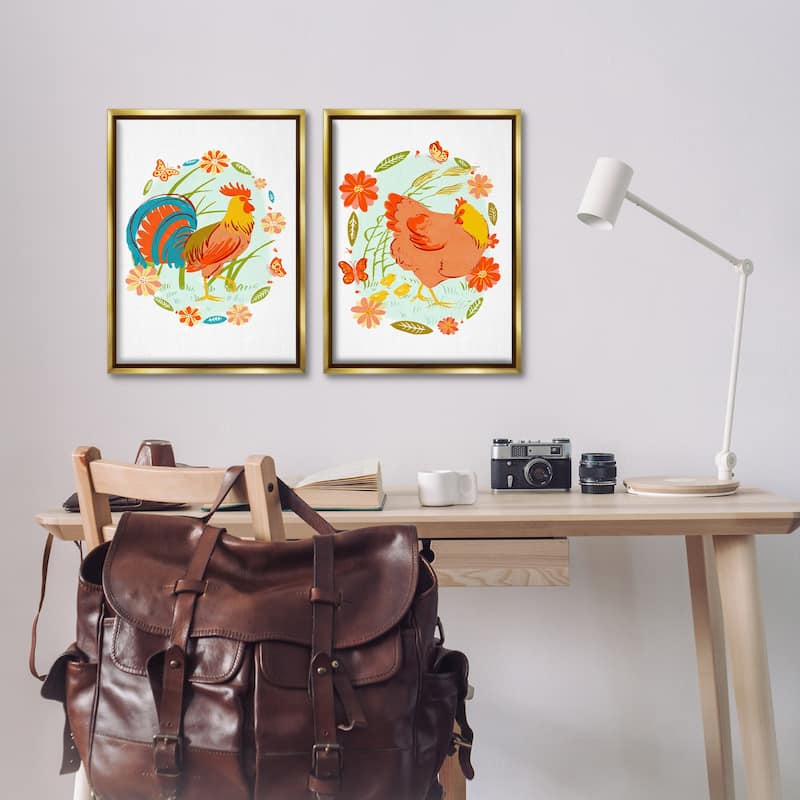 Stupell Rooster & Hen with Florals Framed Floater Canvas Wall Art Design By Hannah Moren (Set of 2)