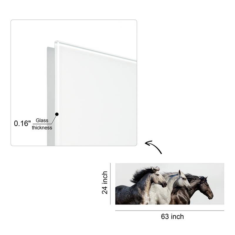 "Trilogy 1" Horse Wall Art Frameless Free Floating Tempered Glass Panel