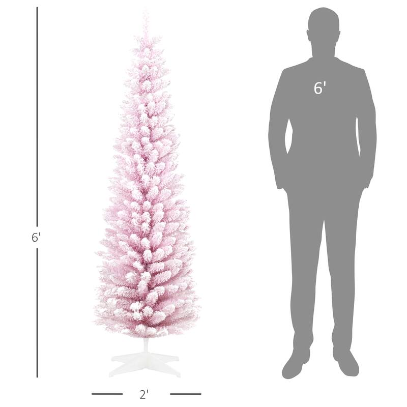 6ft Snow-Flocked Slim Pencil Christmas Tree, Unlit Artificial Xmas Tree with Plastic Stand, Easy Assembly