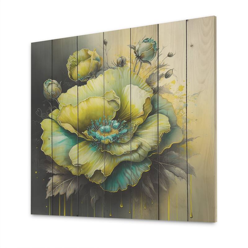 Designart 'Green Blooming Flower I' Floral Wood Wall Art - Natural Pine Wood