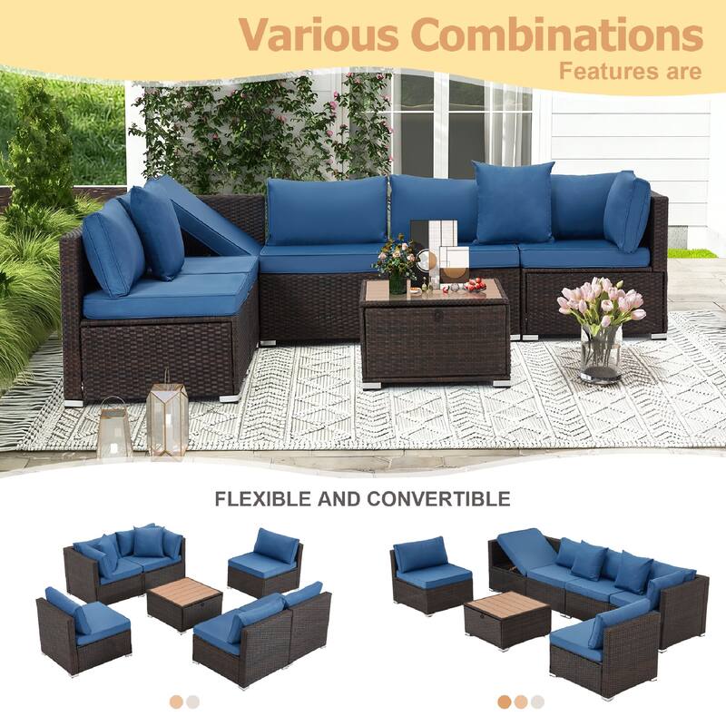 EROMMY 6/7 Piece Modular Outdoor Rattan Sofa Set, All-Weather Wicker Patio Furniture with Storage Table, Cushions & Pillows