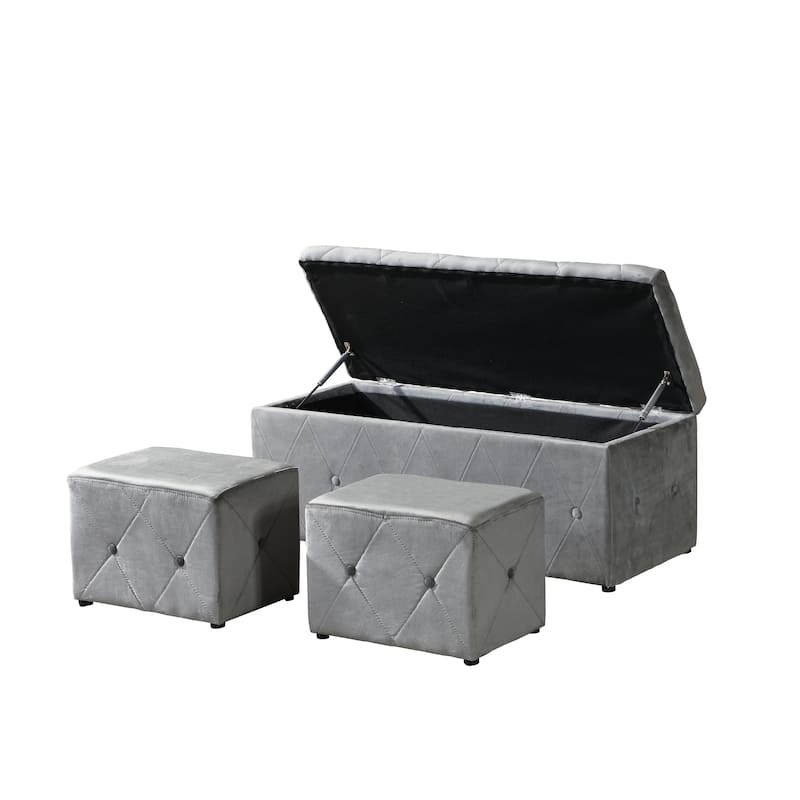 Rectangular Storage Ottoman Short velvet with 2 Set Ottomans - Light Gray