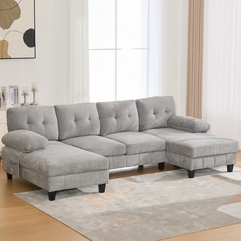 103.5" Modern Chenille U-shaped Sectional Sofa with Dual Chaise Lounges and Armrest Pillows - Grey