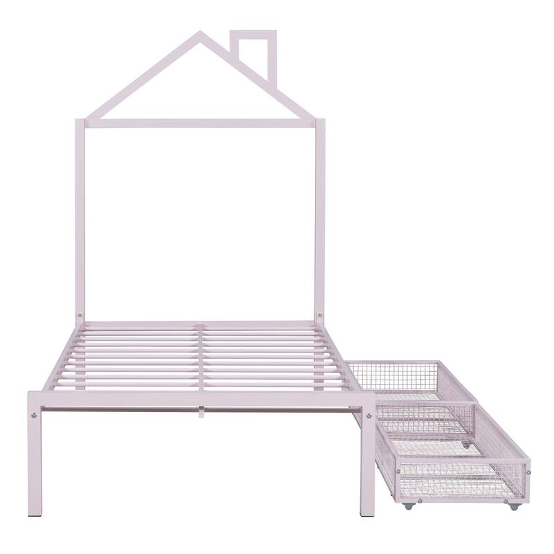 House-Themed Metal Twin Platform Bed with Storage Drawers, Sturdy Frame.