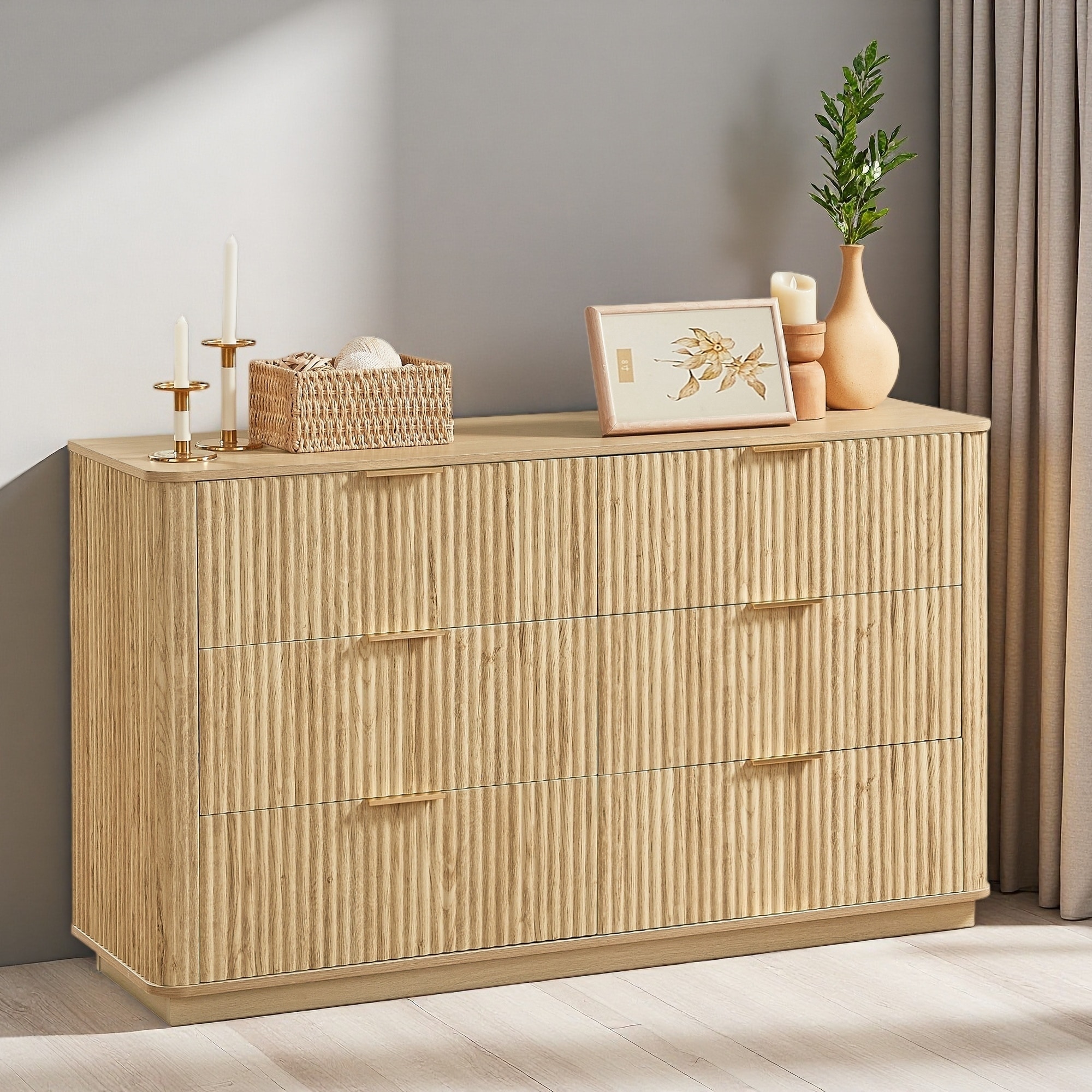 55" 6-Drawer Dresser TV Stand with Curved Wave Design & Textured Panels