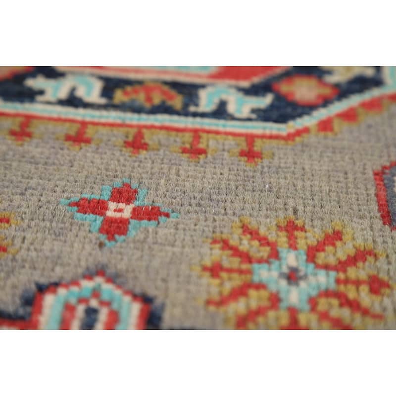Geometric Kazak Foyer Rug Handmade Traditional Grey Wool Carpet - 2'0" x 3'0"
