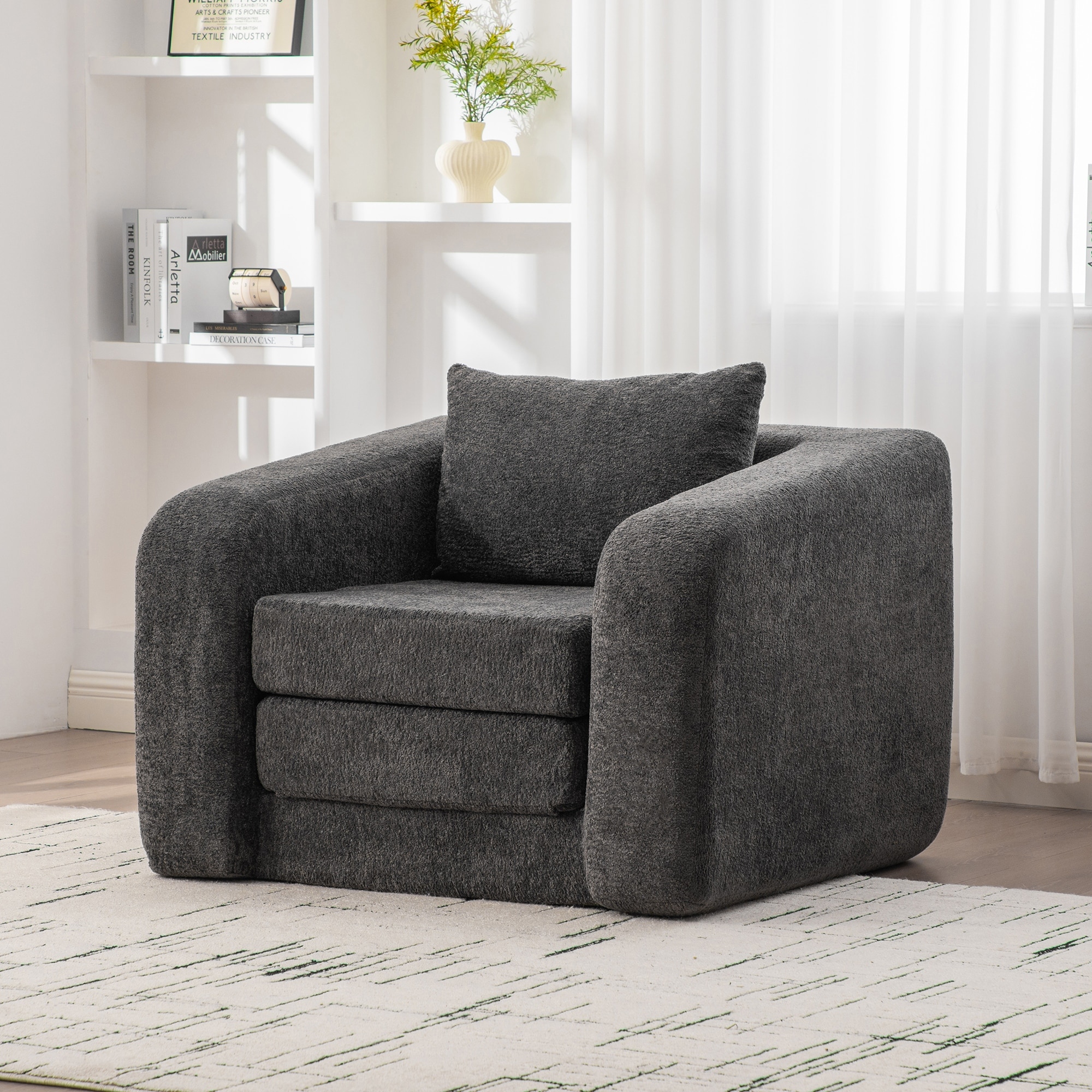 Foldable Single Sofa Convertible Lounge Chair Accent Chair with Pillow, Gray Side Chair Leisure Chair Reading Chair