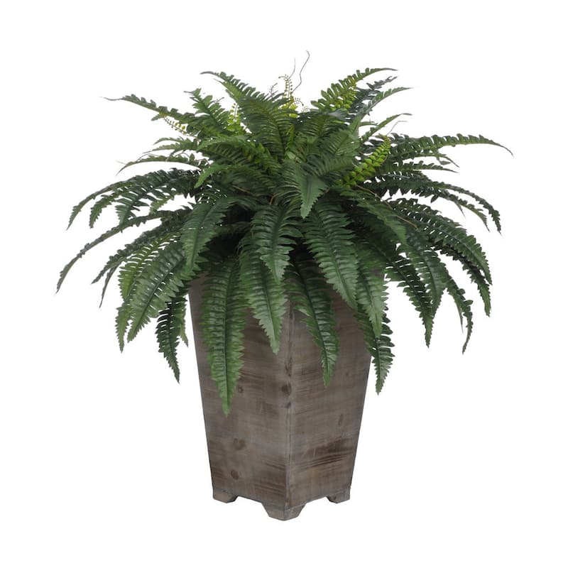 Faux Fern in Tall Washed-Wood Planter - Grey-Wash