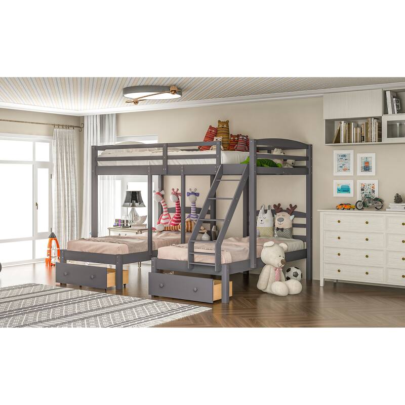 Full over Twin & Twin Bunk Bed,Triple Bunk Bed with Drawers, Gray Bed