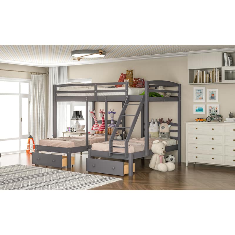 Roomfitters Full over Twin and Twin Bunk Bed with Storage Compartments, Triple Loft Design, Gray