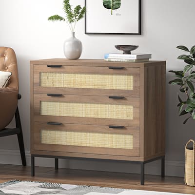 Anmytek Modern 3-Drawer Brown Dresser Rattan Chest of Drawers Storage Cabinet for Bedroom