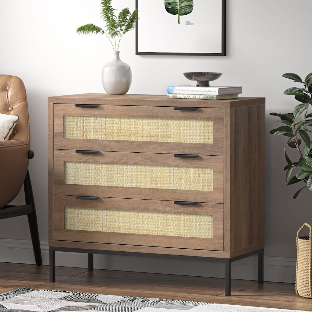 Anmytek Modern 3-Drawer Brown Dresser Rattan Chest of Drawers Storage Cabinet for Bedroom