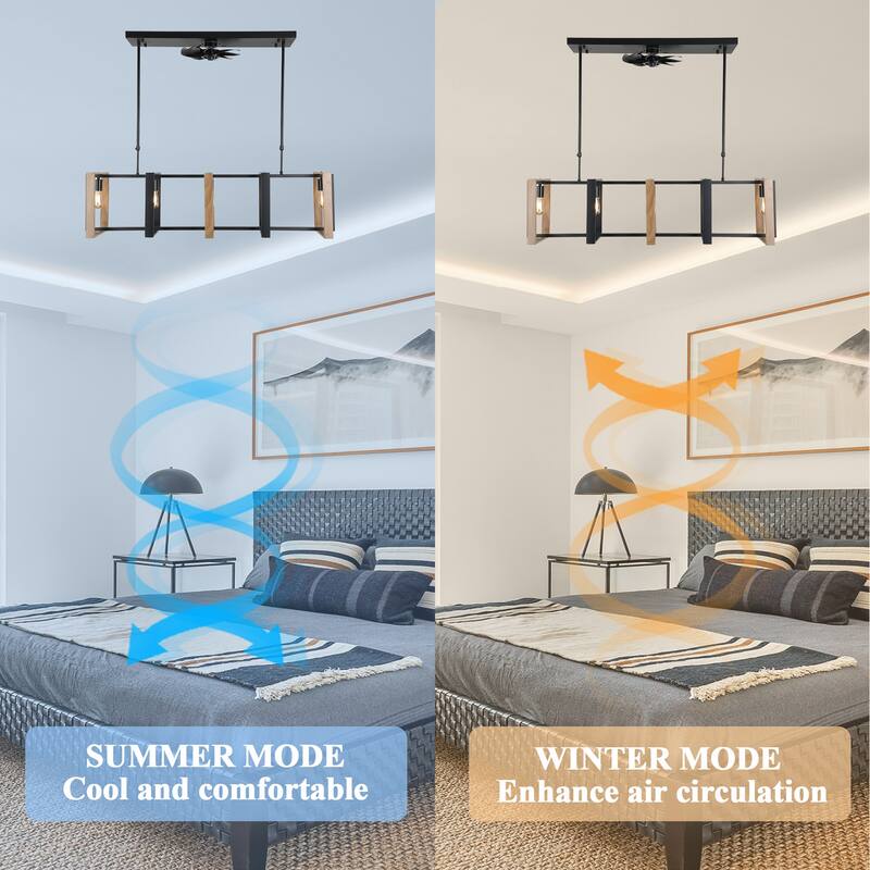 Cusp Barn 47 Inch Modern Ceiling Fan, Rustic Cube Pendant Light with 5 Light, Farmhouse Linear Hanging Lamp for Dining Room