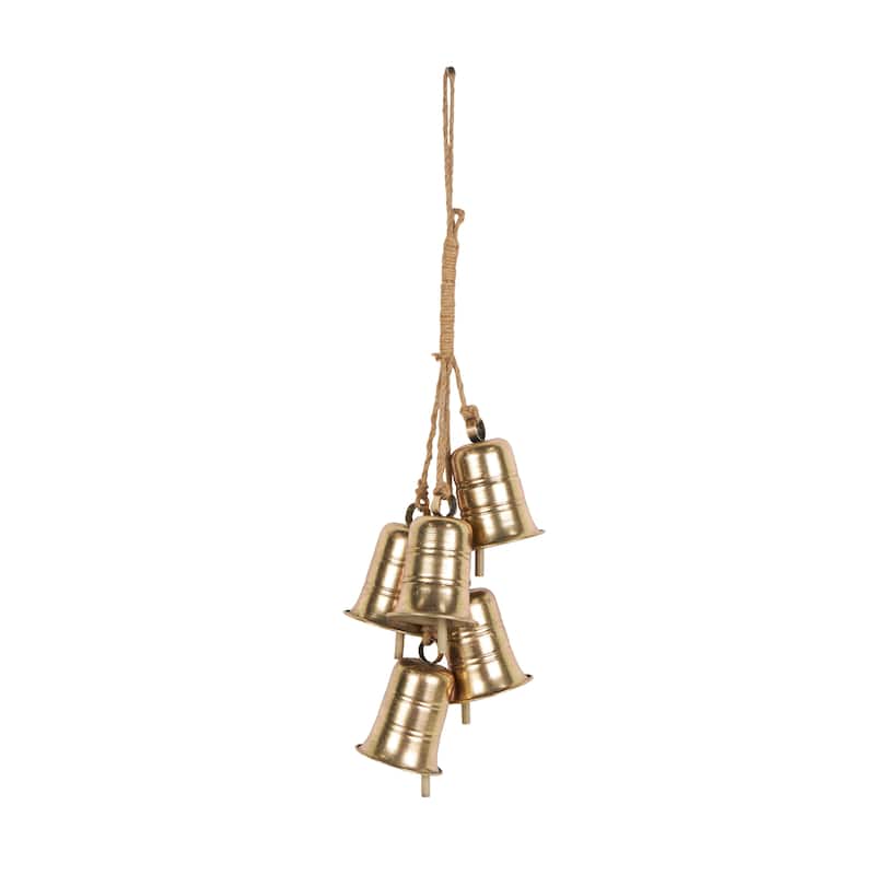 Metal Cascading Cluster Decorative Bells with Jute Hanging Rope - Gold - Roche River Decor