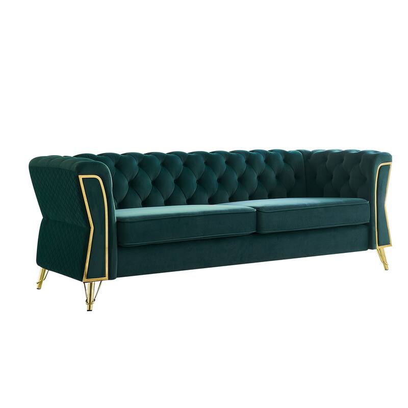 Tufted Velvet Sofa with Golden Metal Frame, Diamond-Stitched Design, and Foam Cushion for Living Room