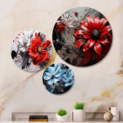 Designart "Red Grey Botanical Symphony I" Abstract Metal Wall Art Matching Set