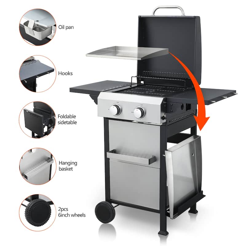 2-Burner Propane Gas BBQ Grill, SS Plancha, 24600BTU Output With Wire Enamel Cooking Grids For Outdoor Barbecue