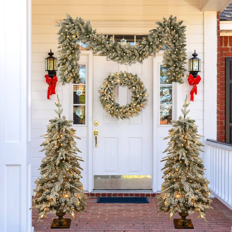 Roomfitters Pre Lit Christmas Artificial Tree Set, Includes Garland, Wreath and 2 Entrance Trees for Holiday Decoration, Green