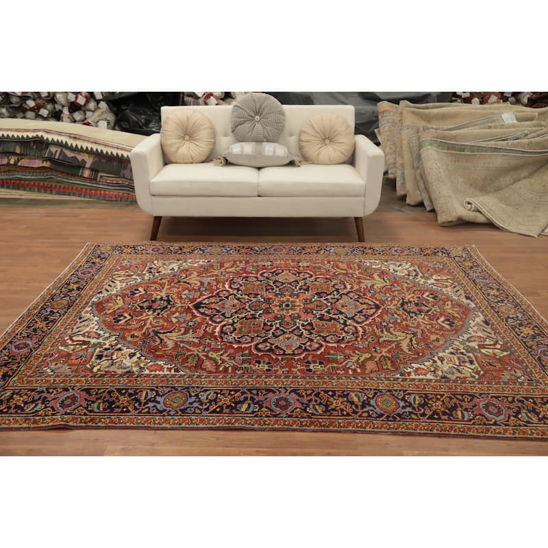 Hand Knotted Oriental 100% Wool Carpet Traditional Floral Oranges & Rust Heriz Area Rug - 8' 6'' X 6' 5''