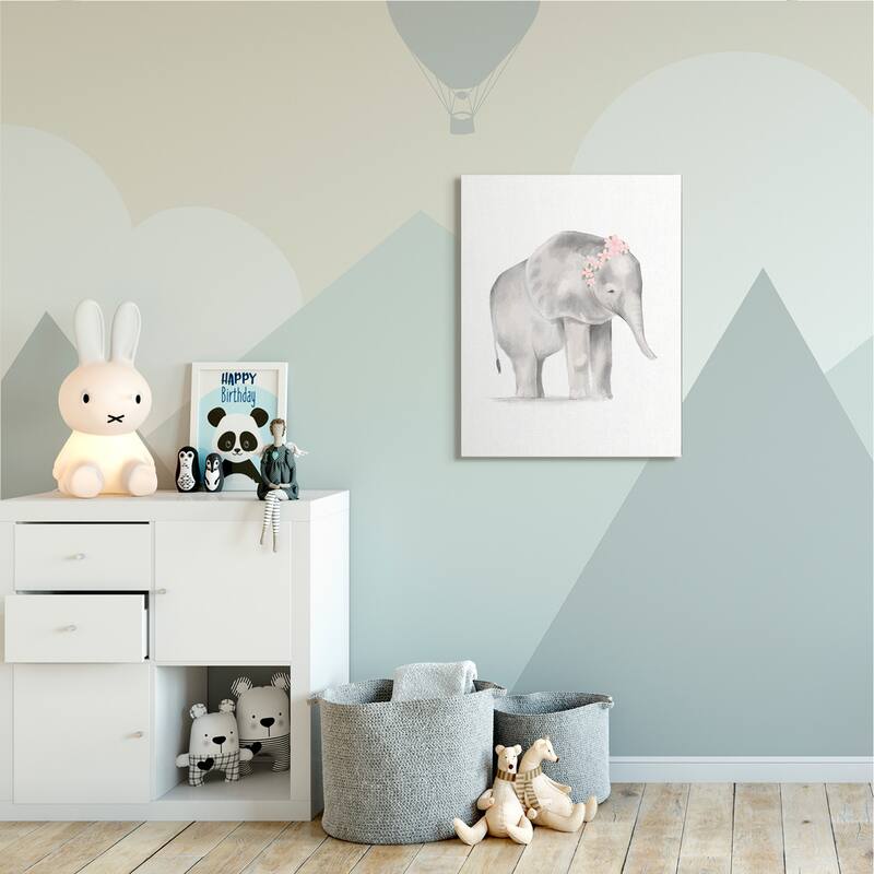 Stupell Floral Crown Baby Elephant Soft Pink Grey Illustration Canvas Wall Art