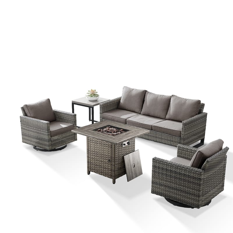 5 Pieces Fire Pit Table with Sofa Swivel Chair Set