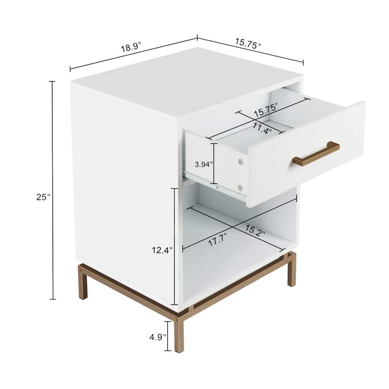 Anmytek 1-Drawer Modern White Gold Nightstand Accent Table End Side Table with Open Shelf for Bedroom