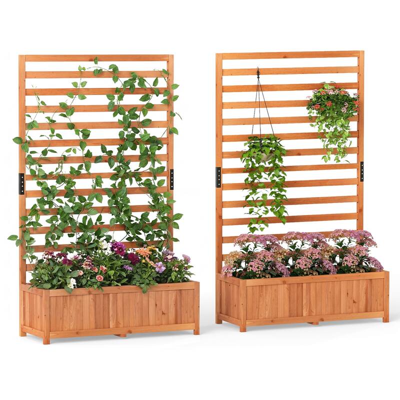 Gymax 2 PCS Wooden Raised Garden Bed w/ Vertical Trellis Liner - Orange