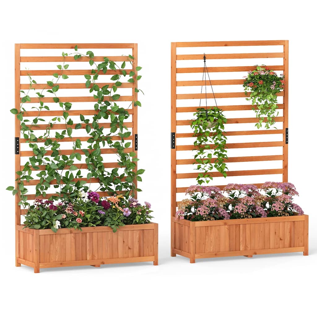 Gymax 2 PCS Wooden Raised Garden Bed w/ Vertical Trellis Liner