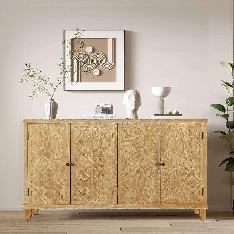 59" Natural Wood Media Console- 4-Door Accent Cabinet for Living Room, Entryway or Bedroom - Versatile Buffet &Storage Solution‌ - Brown