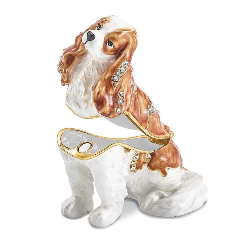 Curata Pewter Crystals Gold-Tone Enameled Cavalier King Charles Spaniel Trinket Box Organizer - 2.5x1.3x2.5"