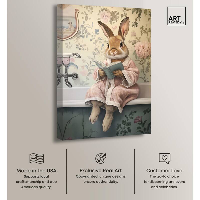 Bunny Bibliophile Bathing Canvas by Art Remedy, Gallery Wrapped