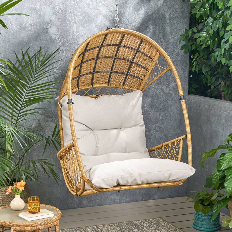 Roomfitters Outdoor Hanging Wicker Egg Chair, Teardrop Swing Seat with Soft Cushion & Steel Chain for Patio Balcony, Brown+Beige
