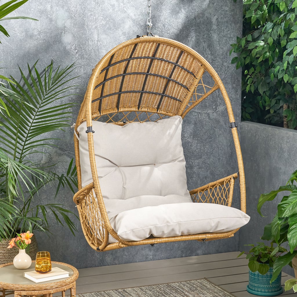 Roomfitters Outdoor Hanging Wicker Egg Chair, Teardrop Swing Seat with Soft Cushion & Steel Chain for Patio Balcony, Brown+Beige