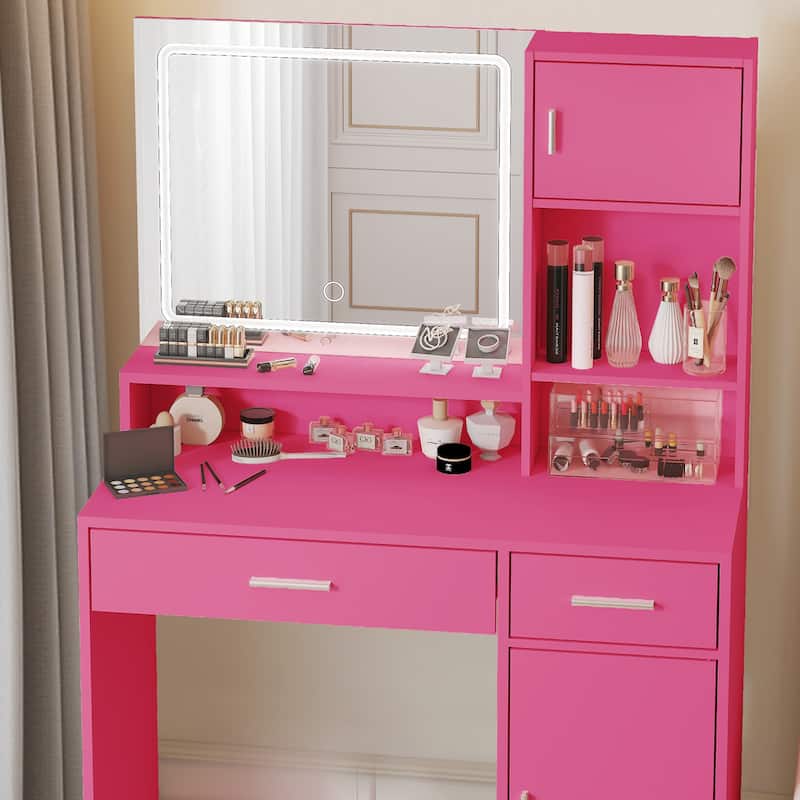 Modern Vanity Desk with Mirror, LED Light Strip and Storage