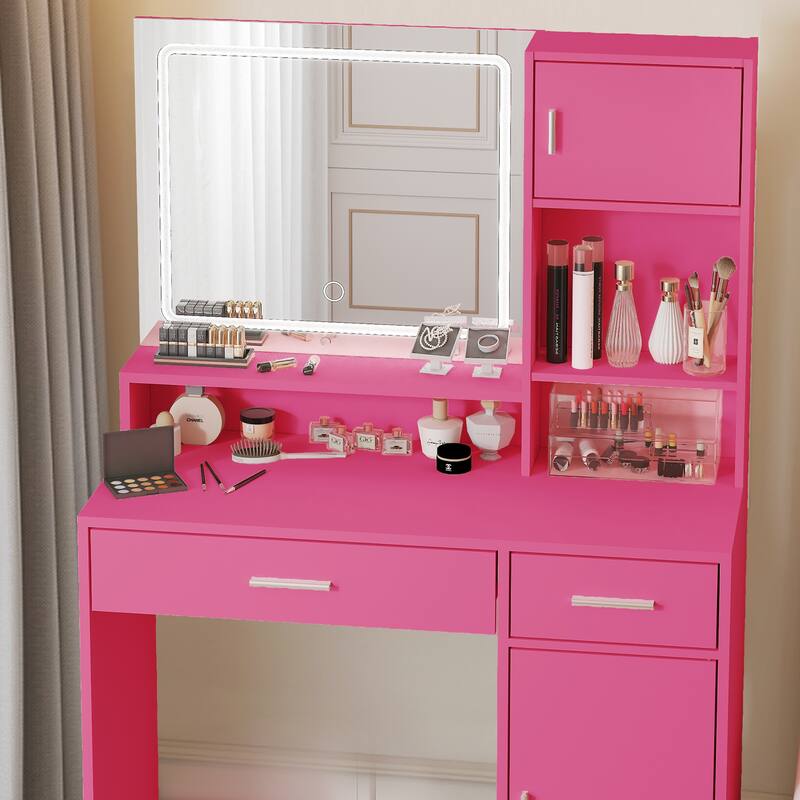 Vanity Desk with Mirror and LED Light Strip, Makeup Desk with Drawer, Dressing Table with Three Level Storage Dresser