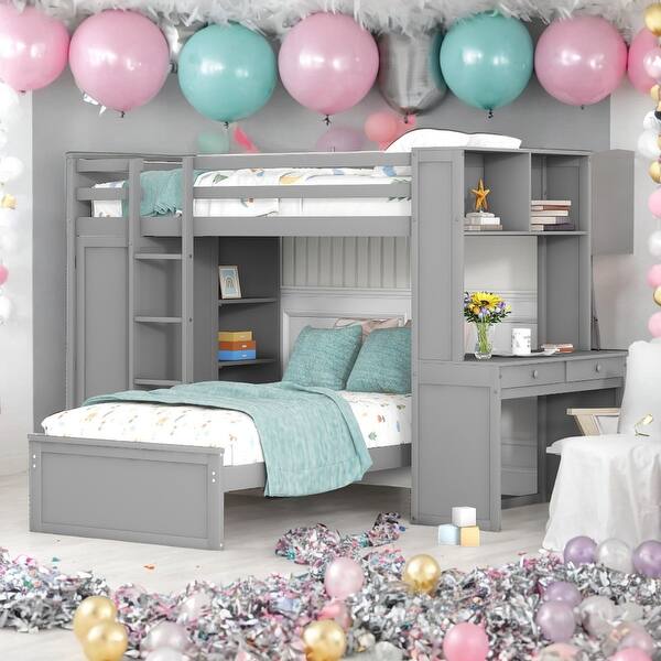 slide 2 of 19, Twin Loft Bed with a Stand-alone bed, Shelves, Desk and Wardrobe, Grey Grey