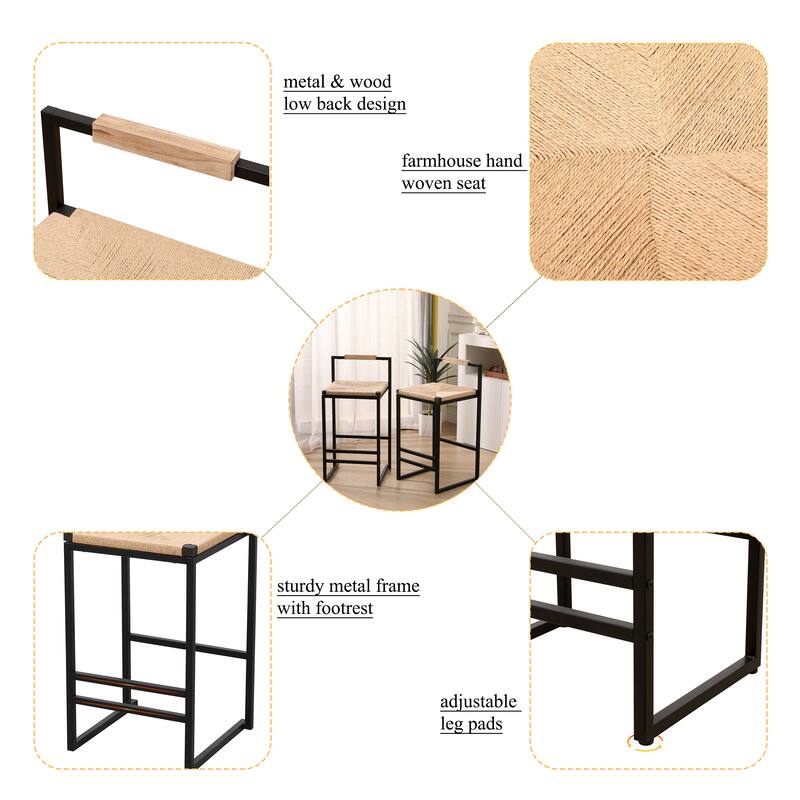 Set Of 2 Bar Stools With Back Paper Rope Woven Counter Height Dining Chairs For Kitchen