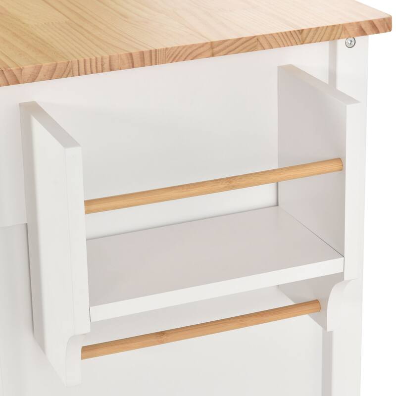 Kitchen Island Cart with Solid Wood Top, 4 Door Cabinet, 2 Drawers, Spice & Towel Rack, Locking Wheels, 54.3" - White