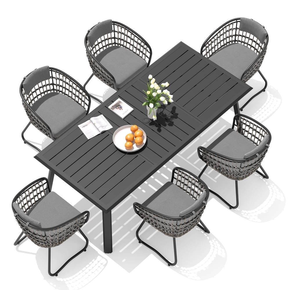 VredHom 7-PC Outdoor Patio Rectangular Aluminum Dining Sets Table with Rattan Chairs Umbrella Hole