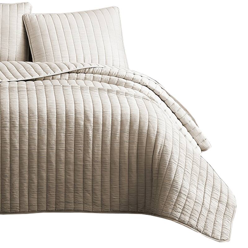 3 Piece Crinkle Queen Size Coverlet Set with Vertical Stitching, Pink